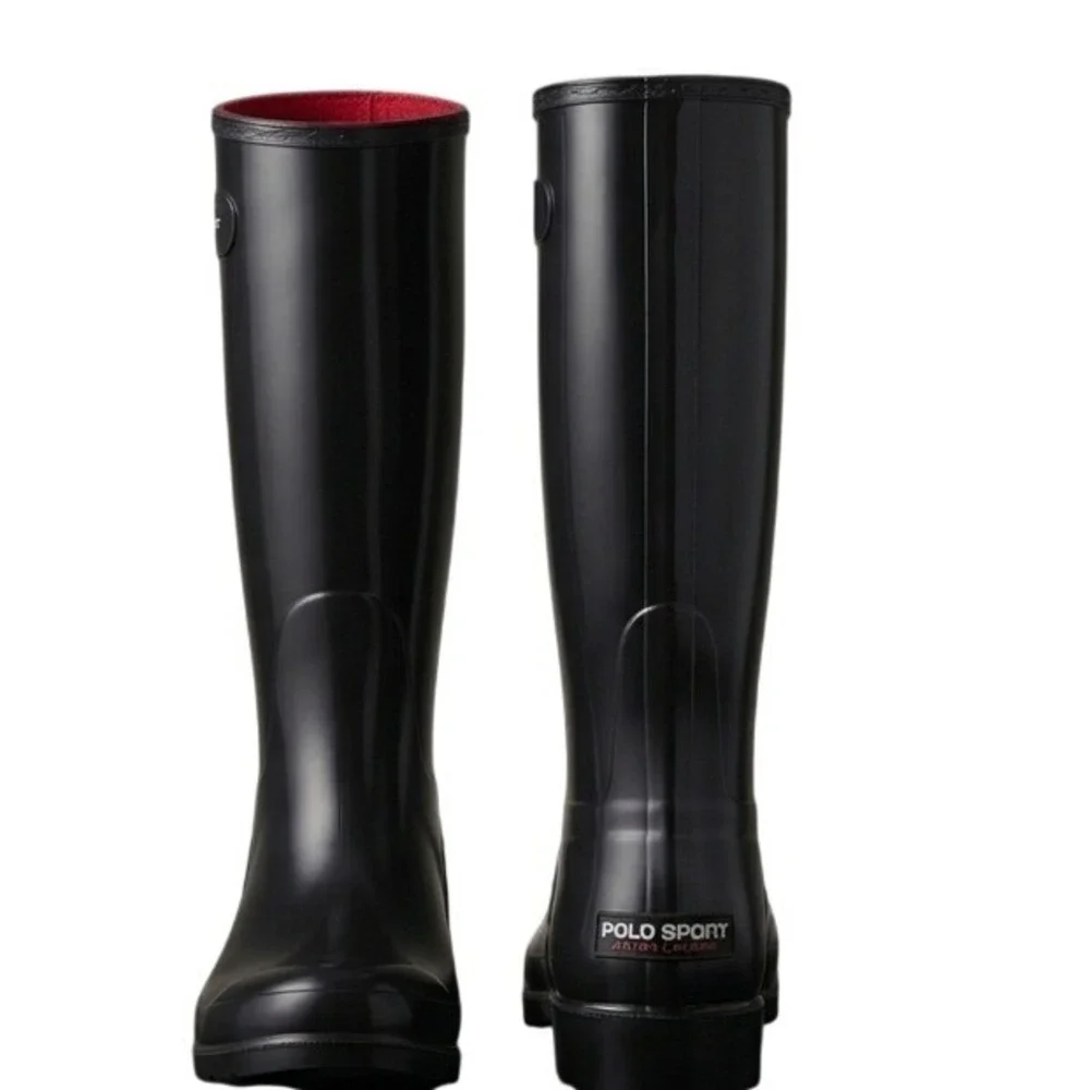 Vintage Polo Sport Ralph Lauren Black Tall Rain Boots Womens Size 6 EU‎ 36.5/37